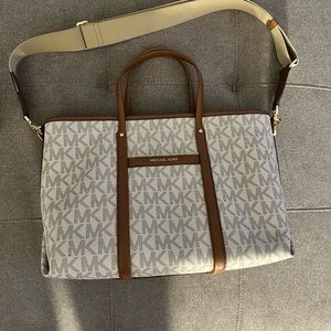 Michael Kors white signature bag with brown leather trim